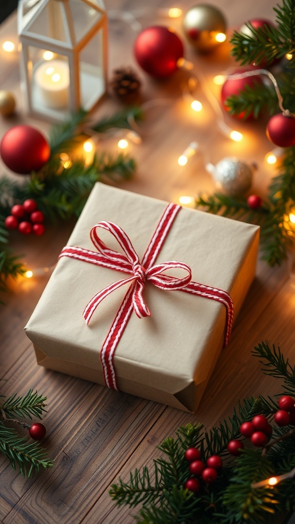 Creative Christmas Gift Wrapping Ideas A Christmas gift wrapped in kraft paper with a striped ribbon, surrounded by holiday decorations.